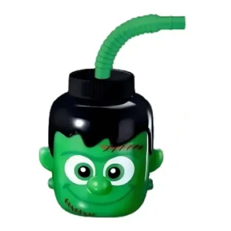 Green and Orange Halloween Monster Head Cup — 500–700 ml PP straw cup