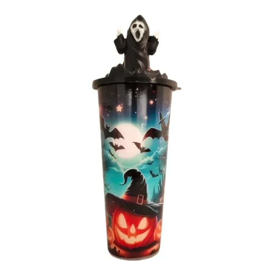 Red and Teal Halloween Pumpkin and Ghost Cup — 500–700 ml PP straw cup