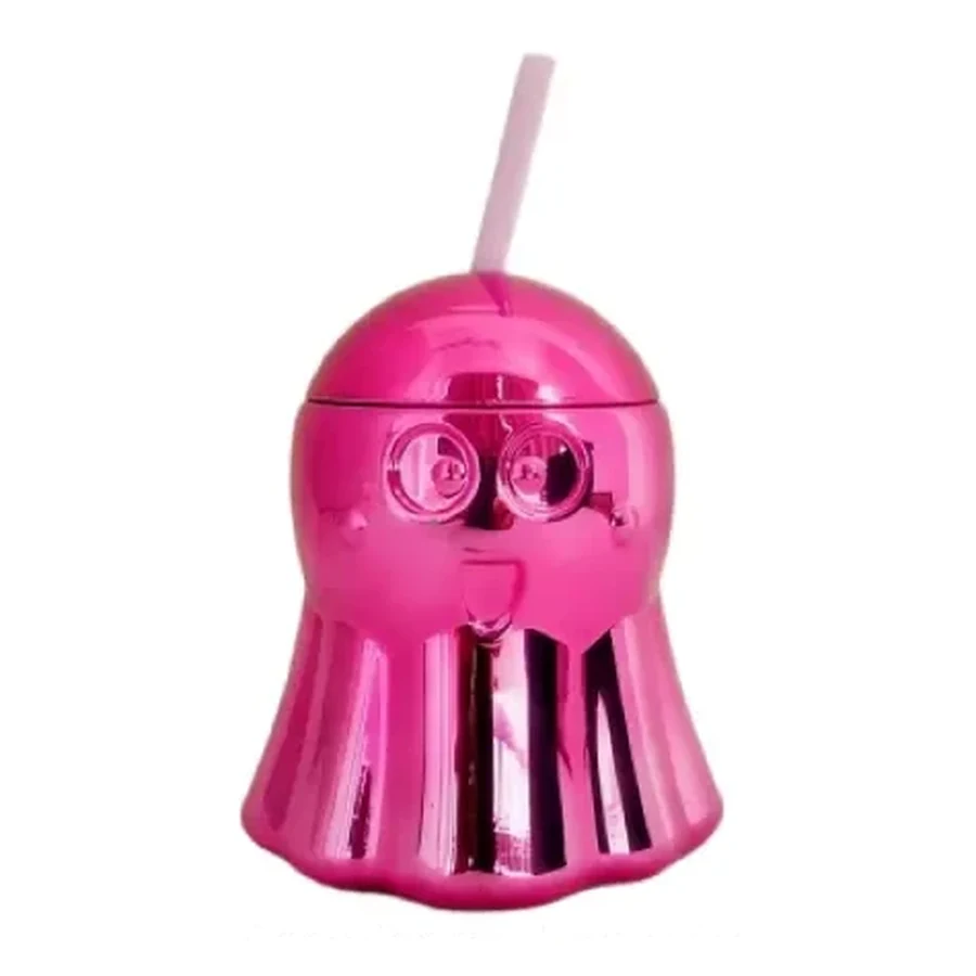 Pink and Purple Metallic Ghost and Skull Cup — Style 02 — 500–600 ml PET straw cup