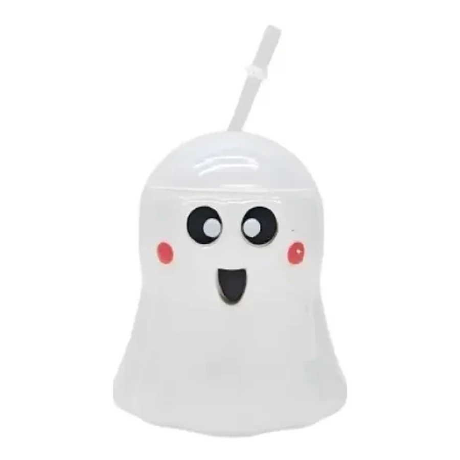 Pearl White Metallic Ghost and Skull Cup — 500–600 ml PET straw cup