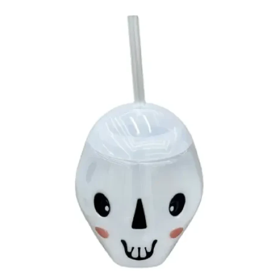 Pearl White Metallic Ghost and Skull Cup — Style 05 — 500–600 ml PET straw cup